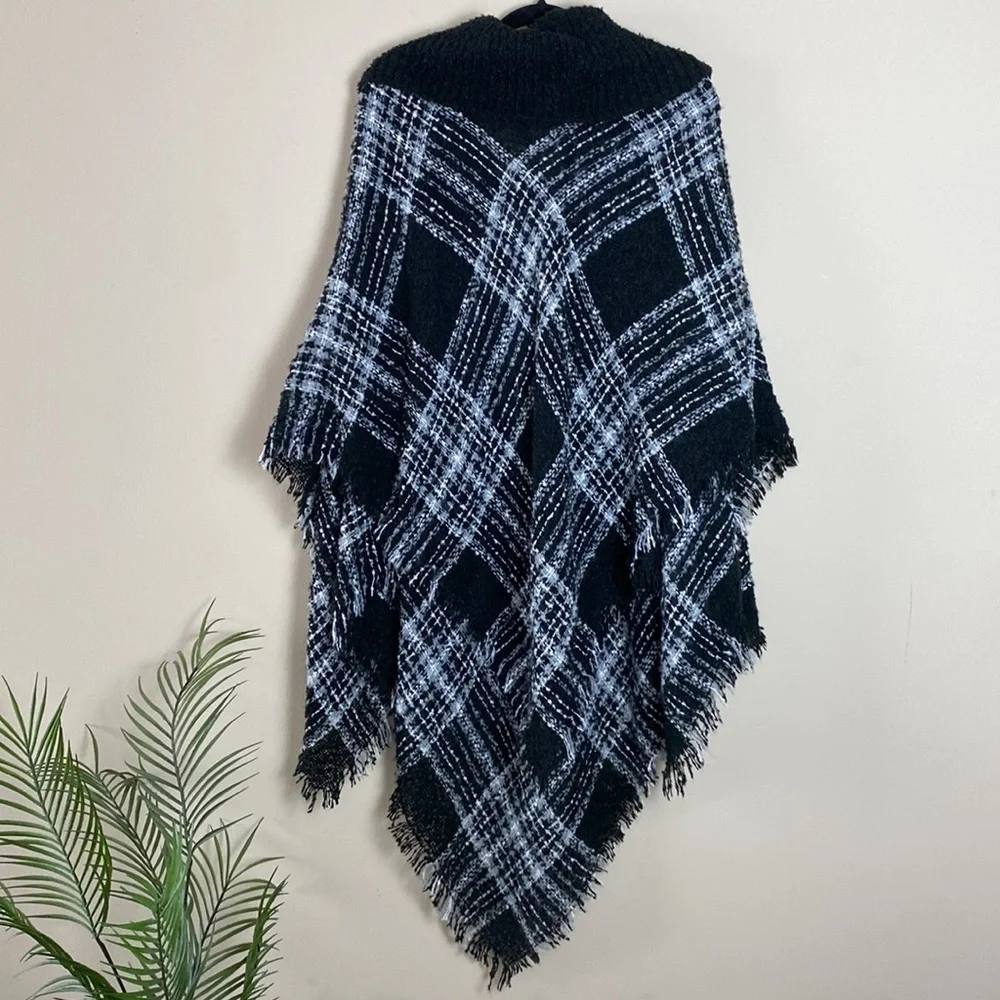 Torrid Southwestern Plaid Boho Fringe Cowl Turtleneck Poncho Sweater